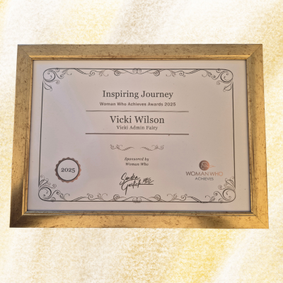 Award certificate for Vicki Wilson