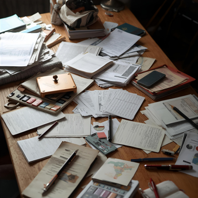 Cluttered desk covered in paperwork.
